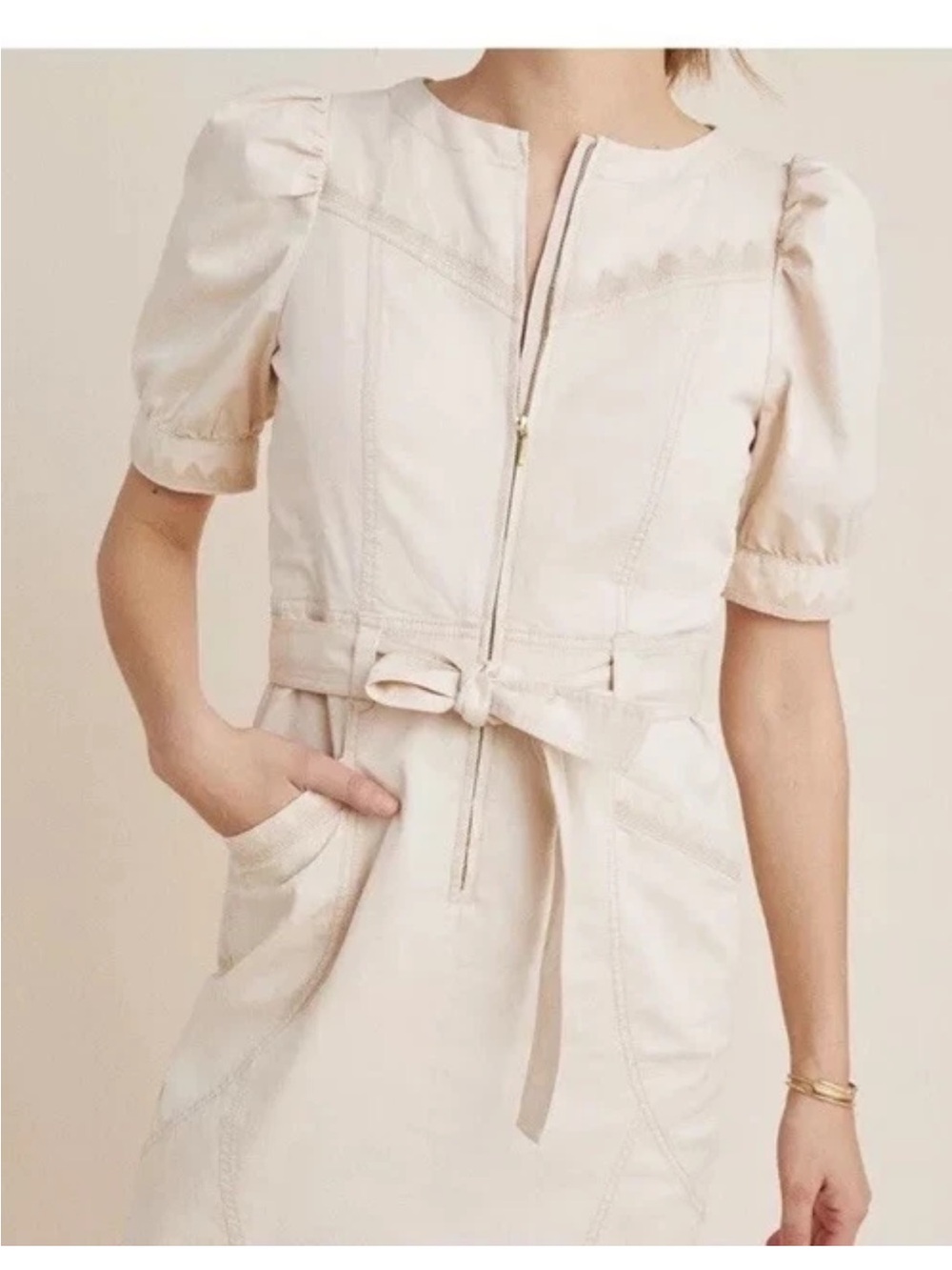 Anthropologie Cream Zip-Front Mini Dress with Puff Sleeves - Picture 2 of 11